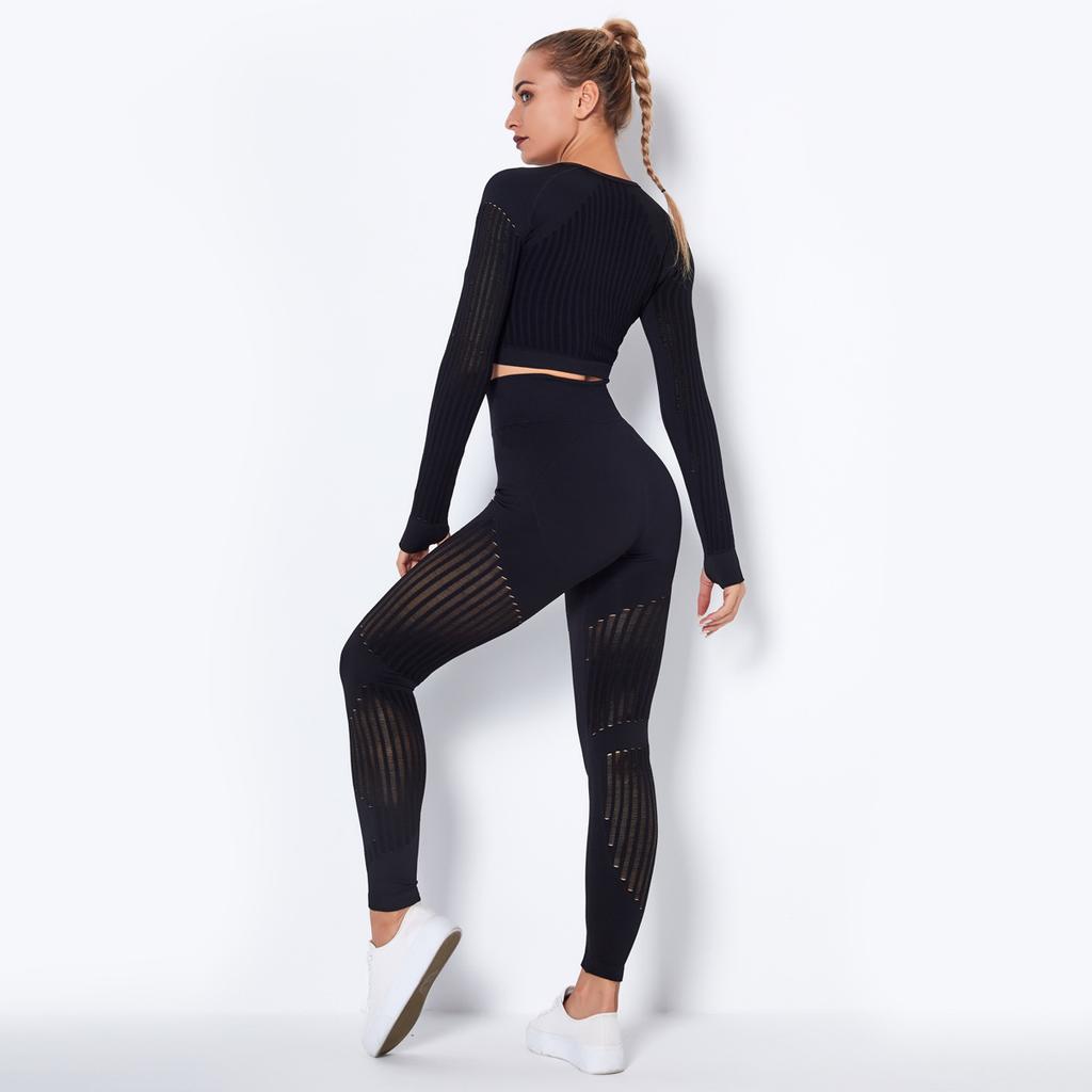 Seamless Yoga Clothes, Quick Drying Clothes, Perky Buttocks, Tight Stripes, Hollowed Out Fitness Pants, Two-Piece Set For Women