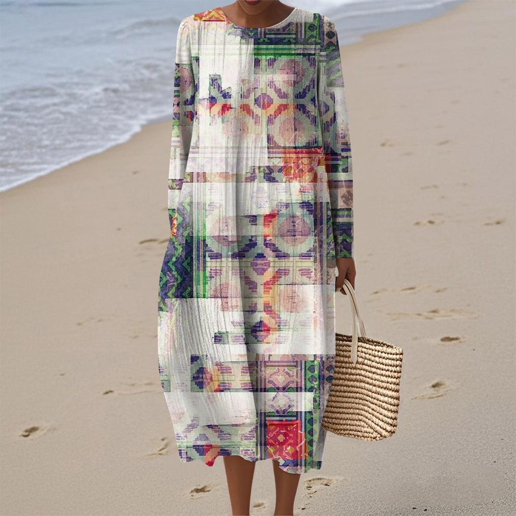 Women's Fashionable Casual Long-Sleeved Round Neck Retro Geometric Print Elegant Dress
