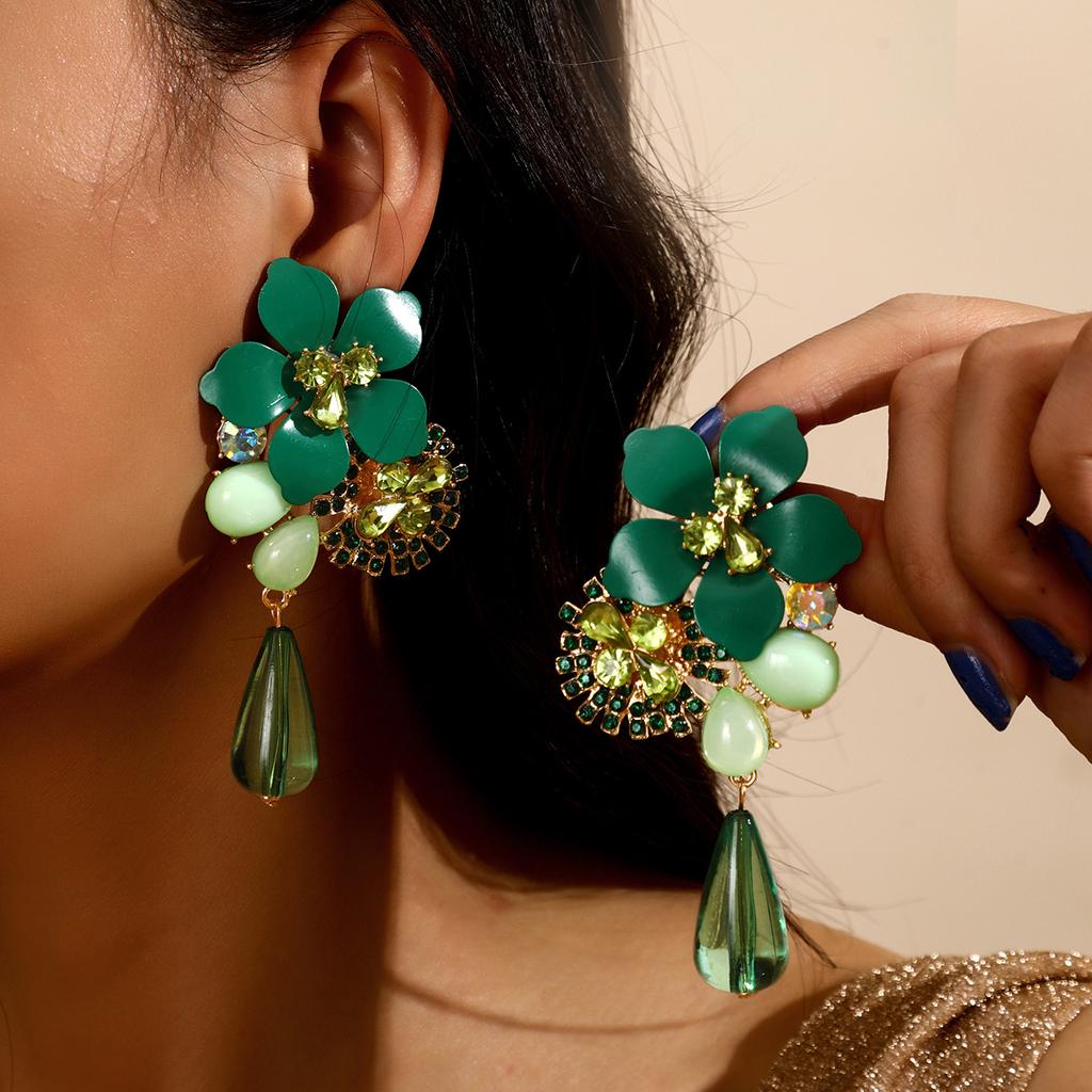 Resin Flower Retro Personality Exaggerated Versatile Water Drop Pendant Earrings