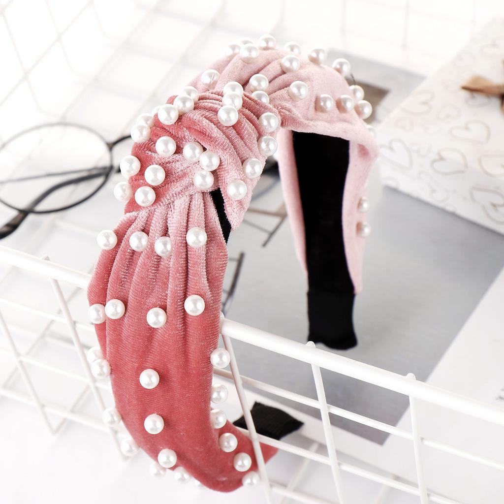 

Бархатная повязка на голову с золотыми бусинами и узлом - Европейский и американский модный тренд, Универсальный аксессуар для волос темно-розовый