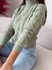 Fashionable Warm Women' Sweater, Short Crop, Turtleneck, Green Braids