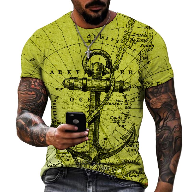 Summer Round Neck 3D Anchor Pattern Print Top Fashionable Casual Short Sleeved Men's T-shirts