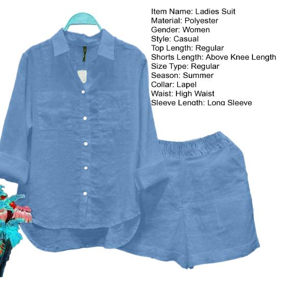 2 Pcs/Set Women Shirt Shorts Set Solid Color Loose Long Sleeves Elastic Waist Single-breasted Patch Pockets Irregular Hem Lapel Casual