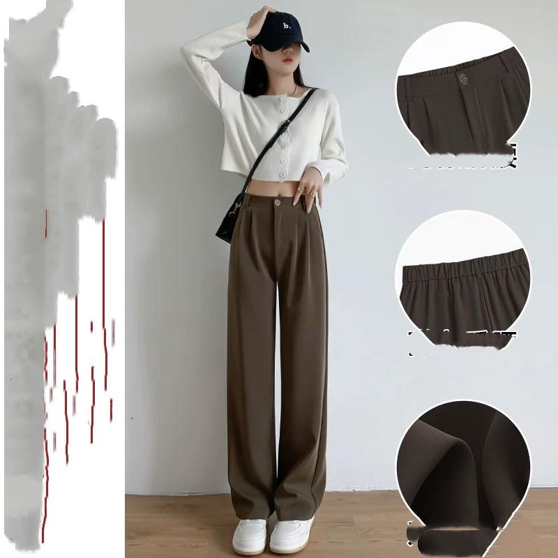 2025 Fall Winter Elegant Gray Suits Pants for Women Office Lady High Waist Wide Leg Fashion Trousers with Pockets Black Pants