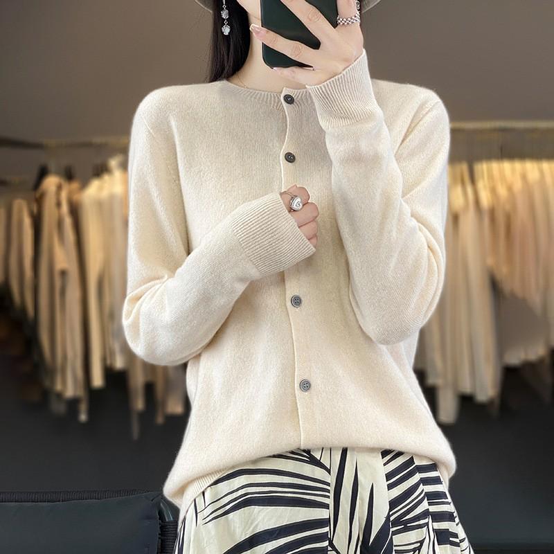 Womens Wool Knit Cardigan Sweater Round Neck Long Sleeve Lightweight Outerwear Fall Winter