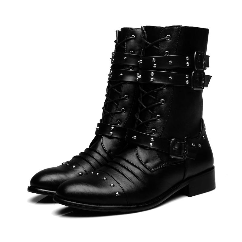 New Autumn Gothic Men Pointed Toe Stage Performance Faux Leather Boots Male Punk Studs High Heels Shoes Rivet Booties