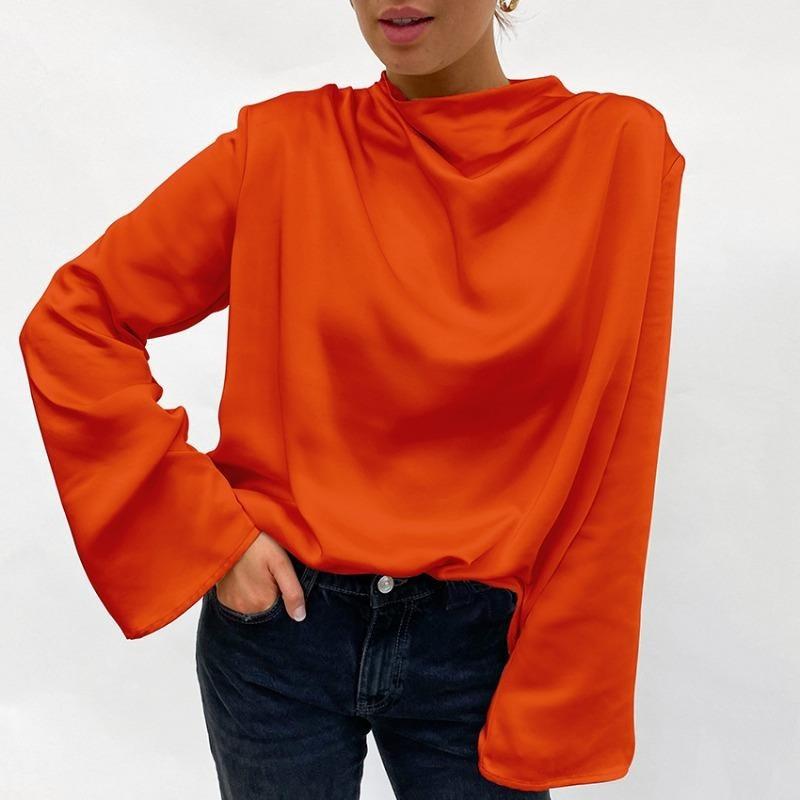 Vintage Women Elegant Cowl Neck Soft Loose Blouse Fashion Top Casual Female Fold Design Tops Girls Blouses Thin Shirts for Women Bottom