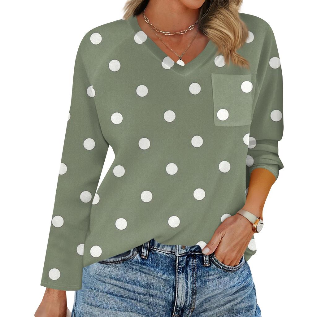 Women's Raglan Long Sleeve V-Neck T-Shirt Splicing Solid Color Casual Top Pullover V-Neck Pocket Bottoming Shirt