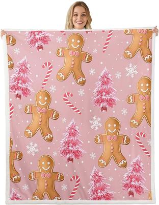 Pink Christmas Tree Sherpa Blanket Plush Fuzzy Cute Gingerbread Man Fleece Throw Blanket Boys Girls Xmas for Bed Couch Chair