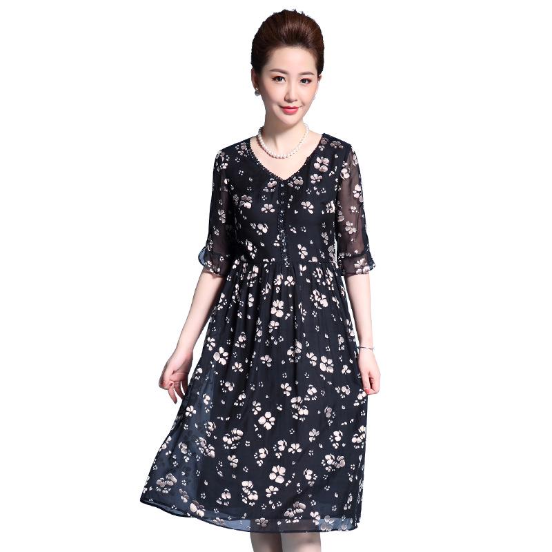 2024 Summer Silk Slim Fit Floral Mid-Length Dress for Women