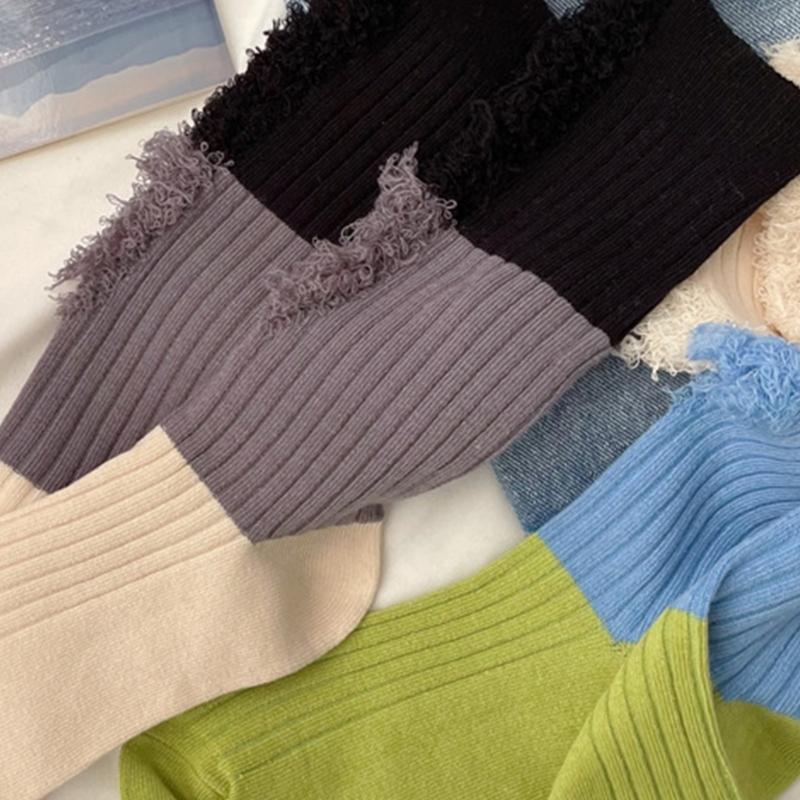 Women Men Ripped Destroyed Crew Socks Harajuku Personality Hollow-Out Holes Tassel Colorblock Cotton Calf High Socks
