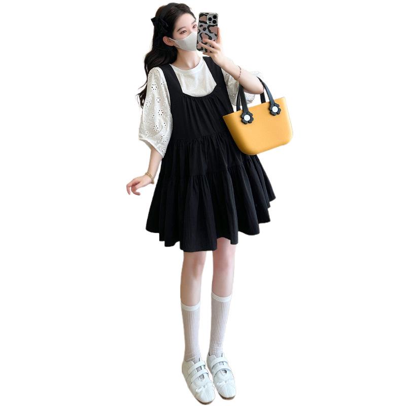 2026 Summer Short Sleeve Hollow Out T-shirt & Reversible U-Neck Doll Dress Maternity Set