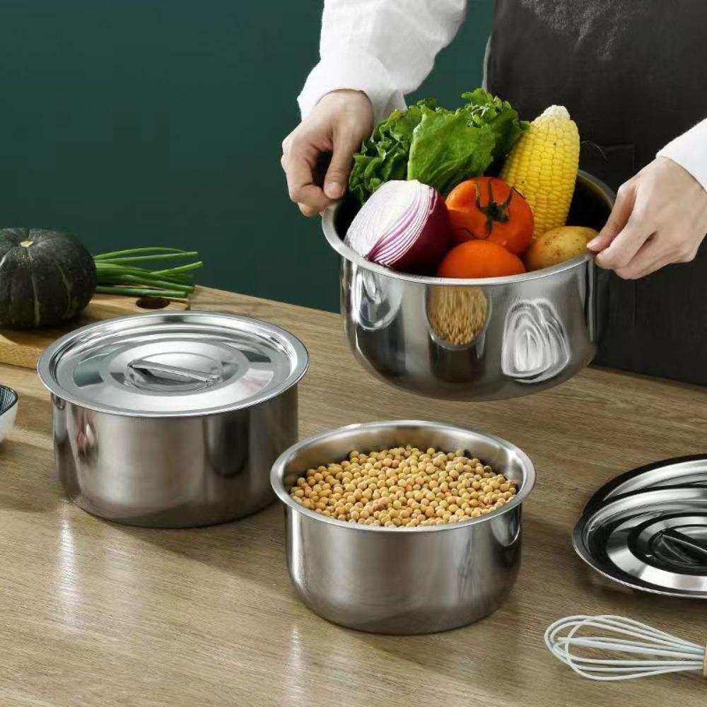 5Pcs With Lid Stainless Steel Soup Pot Drop-resistant Unbreakable Stock Pot Set Round Universal Steamed Egg Bowls Prepare Dishes