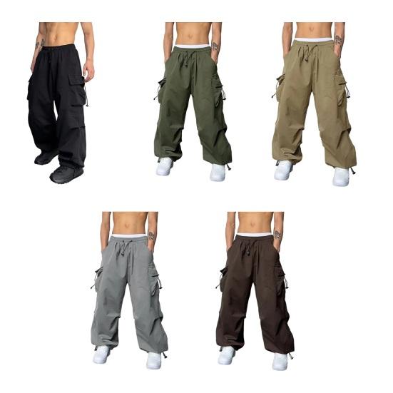 Men Baggy Cargo Pants Solid Color Parachute Pants Loose Fit Jogger Trousers with Side Pockets for Street Outdoor Sports