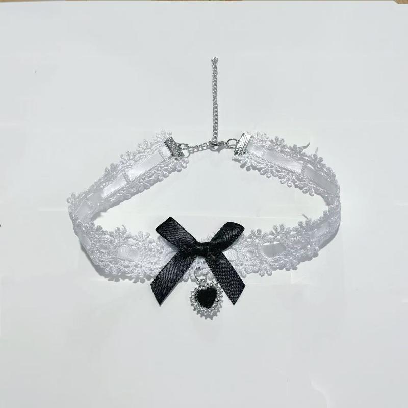 Lace Choker with Rhinestone Heart Pendant Bow Detail 1Pc Sweet Neck Accessory for Casual Daily Party Occasions