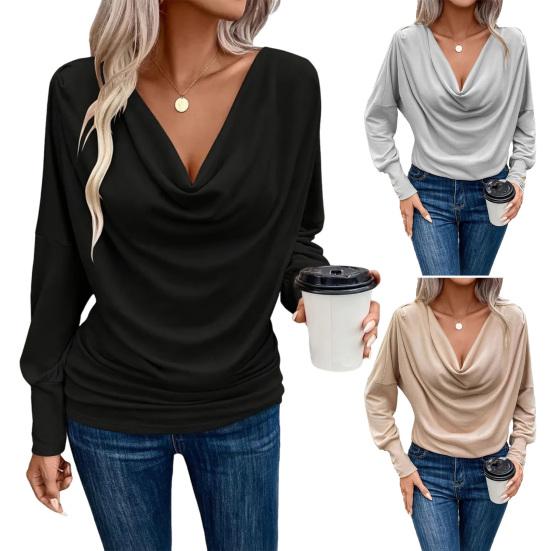 Women Tops Pure Color Stacked Collar Long Sleeve Loose Fit Blouse Mid-length Casual Inner Tops Daily Wear