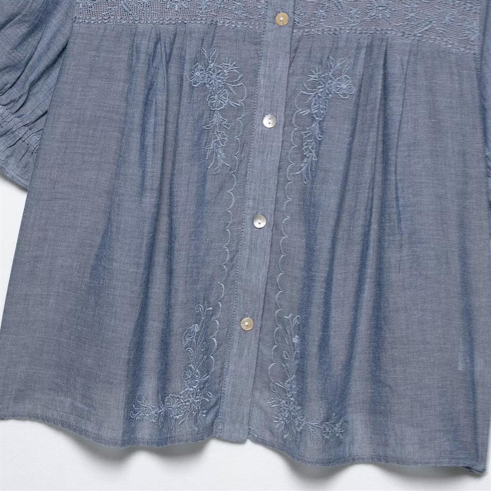Spring/Summer 2025 Women's Floral Embroidered Single-Breasted Lapel Casual Short Shirt