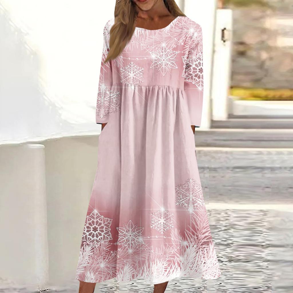 Rochie midi casual de damă cu gât rotund și imprimeu de Crăciun, cu mâneci lungi și buzunare