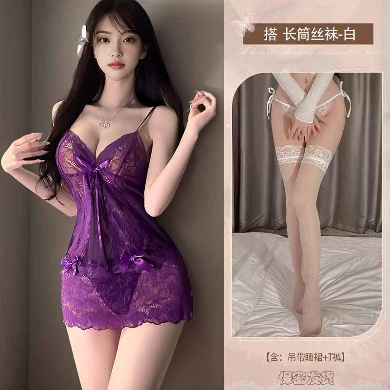 Purple Sweet Tank Mini Dress Sexy V Neck Sex Transparent Sleeping Pure Desire Charm Lace Strap Pajama Dress Elegant X7TY
