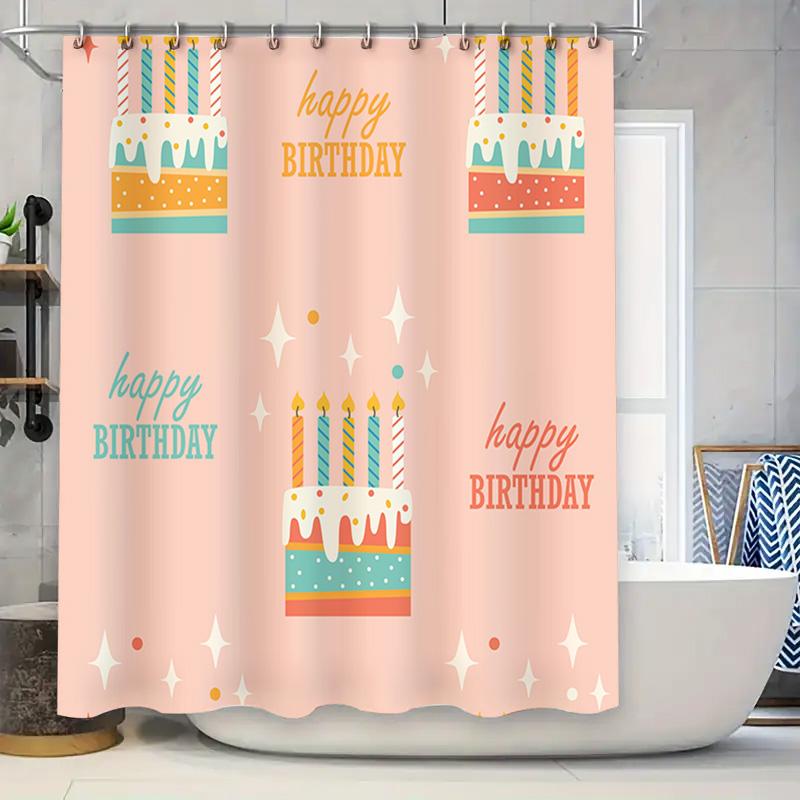 

Happy Birthday Shower Curtain With Cake Pattern Pink Color Decorative Waterproof Bath Mat Cover Set Perfect Gift For Birthday Pa W60H190(CM)-1 Pcs