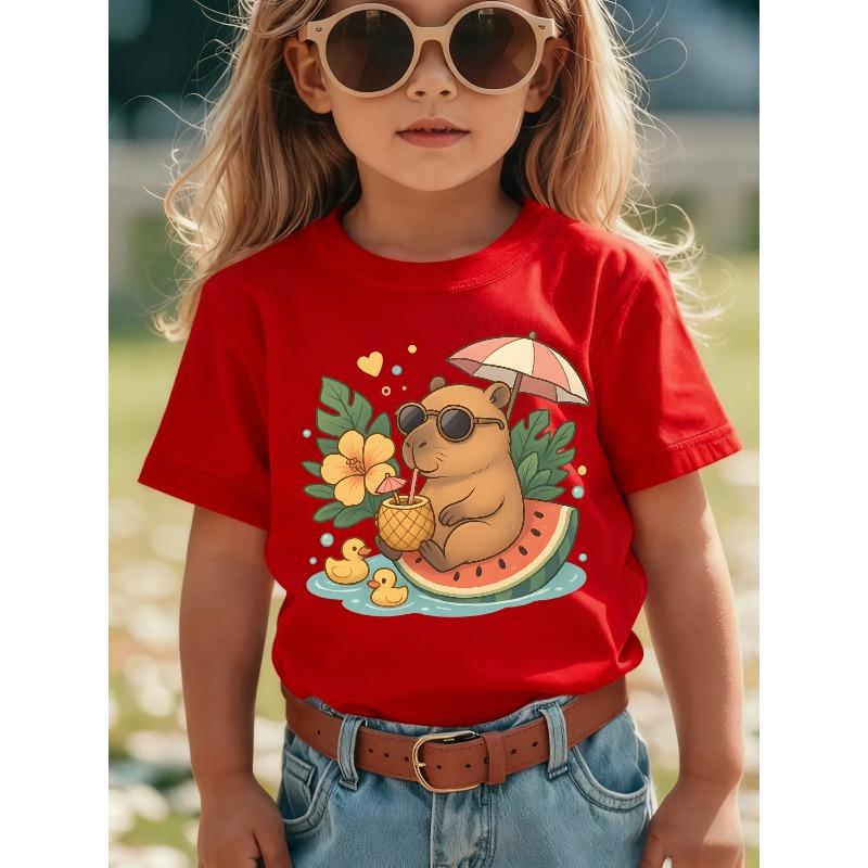 European sizes Summer Fashion Short-Sleeve T-Shirt for Girls Featuring a Capybara Print, Sitting on a Watermelon And Sipping a Pineapple Drink