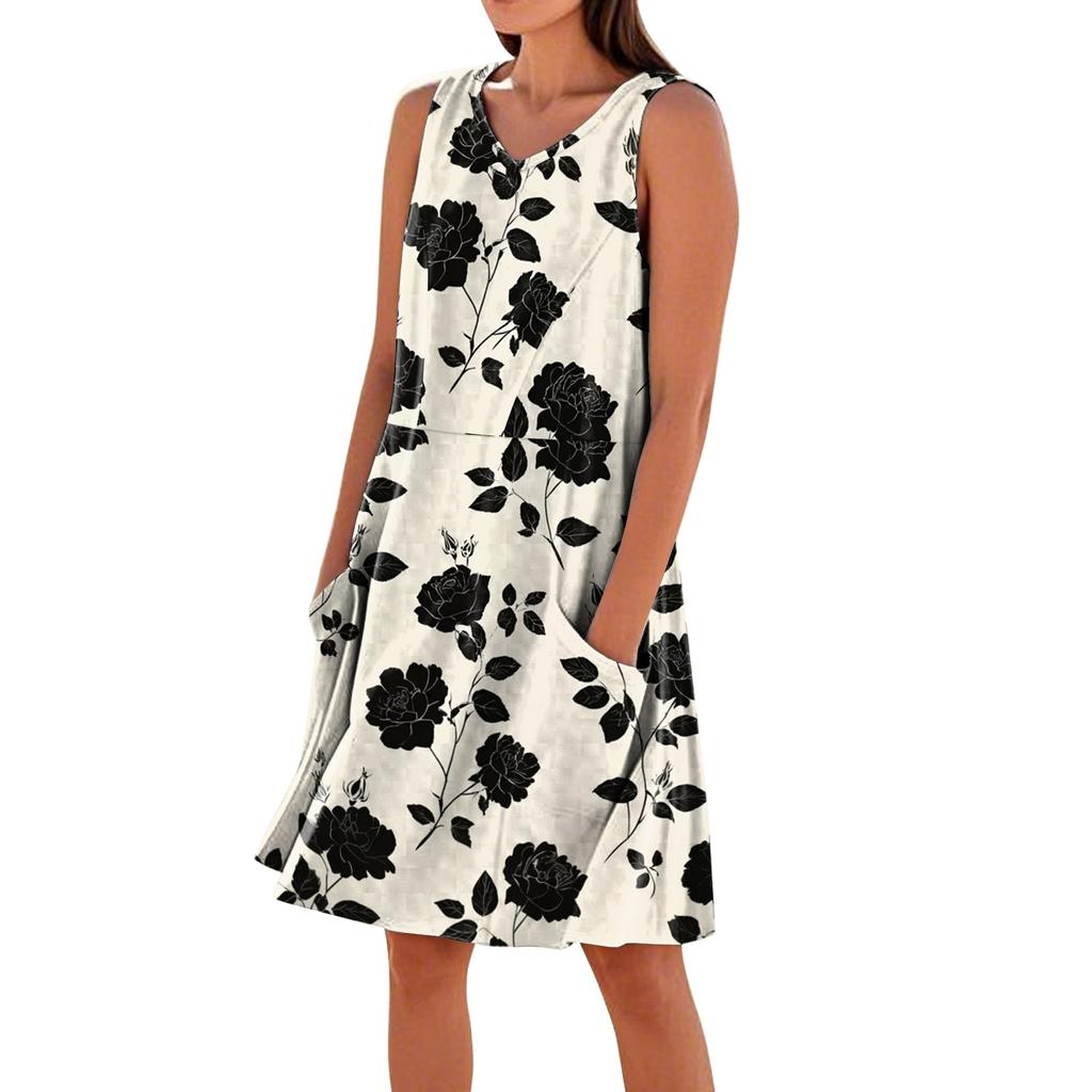 Ärmelloses Damen-Sommerkleid mit V-Ausschnitt, Blumendruck, lässig, mit Taschen, lockere Passform, leicht, für den täglichen Gebrauch