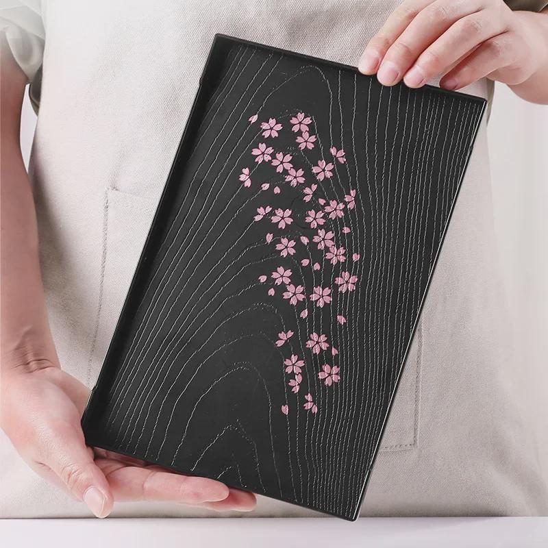Japansk Kirsebærblomst Plastbrett - Rektangulært/Rundt, Imitert Trefiber, for Tekopper & Frukt, Svart