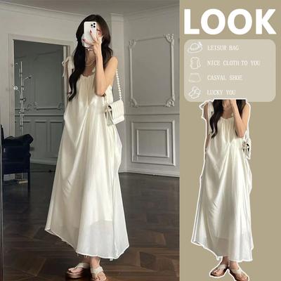 Women's White Suspender Dress Summer Skirt Beach Vacation Casual Dresses