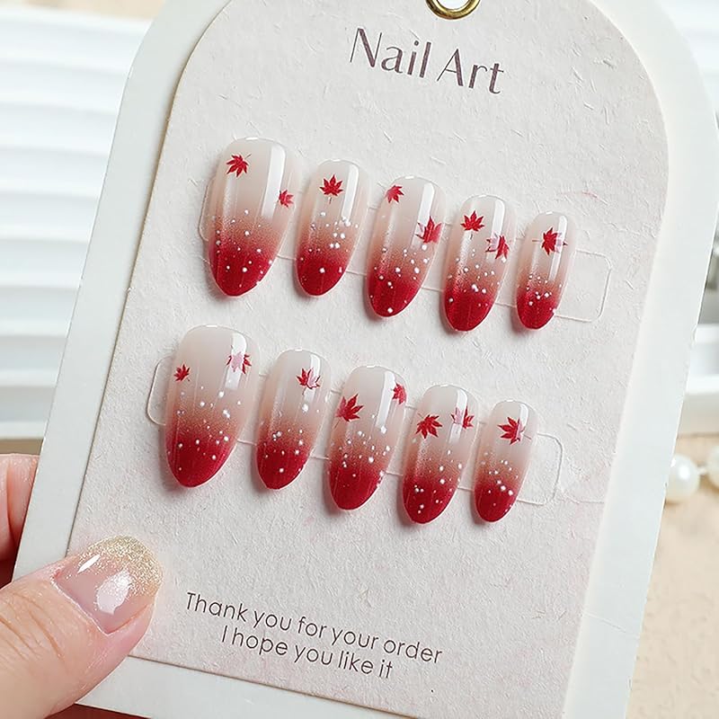 Fall Maple Leaf False Nail Thanksgiving Press On Nails Almond Shaped Medium Autumn Acrylic Artificial Fingernails Full Cover Glossy Thanksgiving