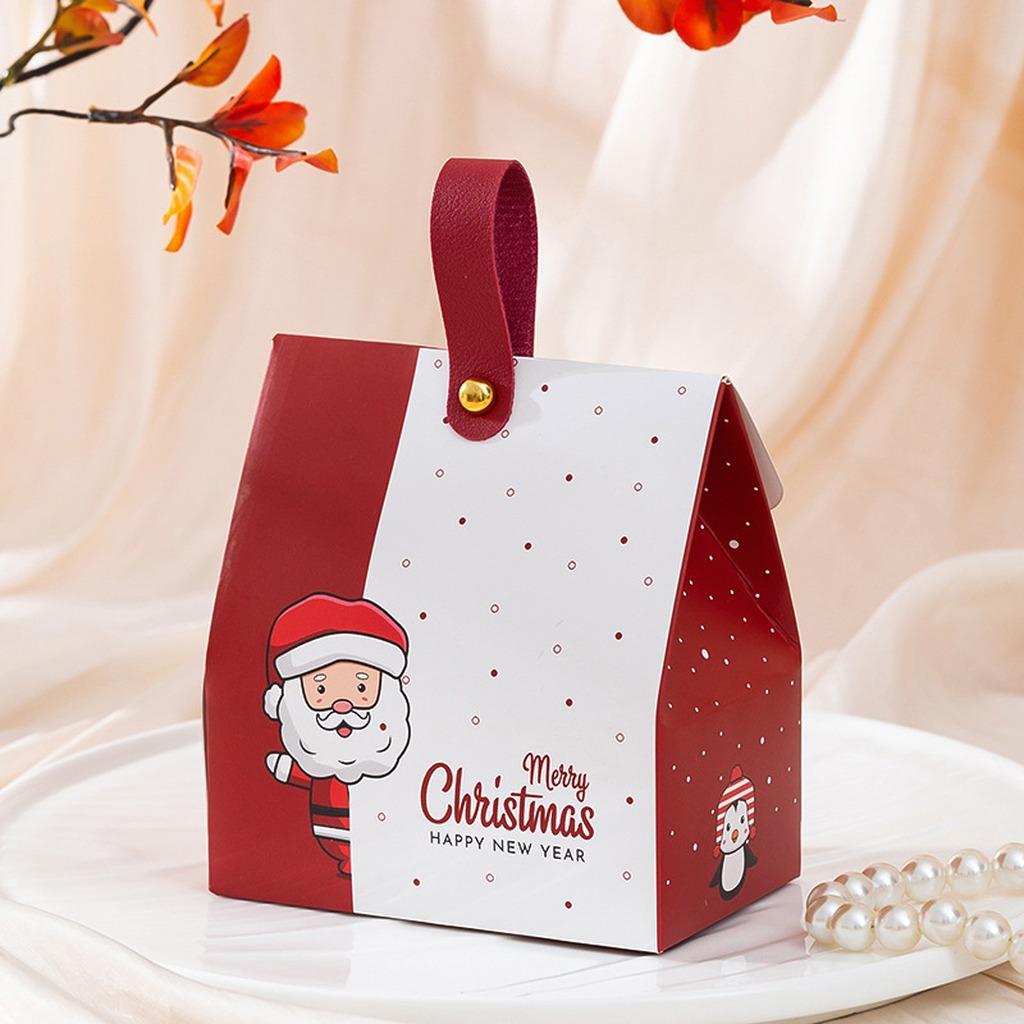 New Portable Christmas Gift Box With PU Handle Thick Cardboard Xmas Candy Treat Box For Holiday Party Favors