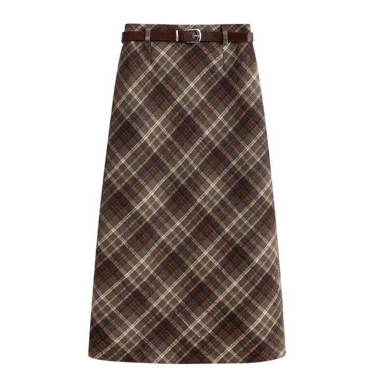 Melanoid Retro Plaid High-Waist Wool Skirt - Women's Trendy Slimming Comfort for Spring/Autumn 2026