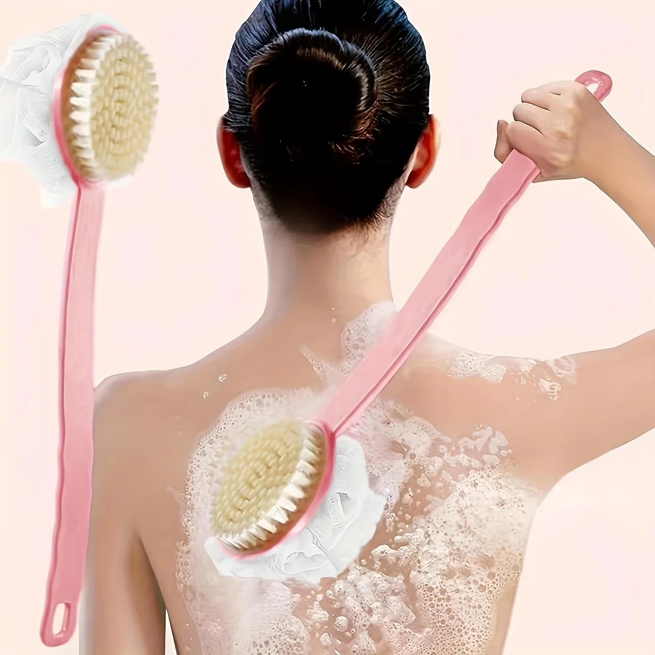 

Soft body scrubbing shower brush, long-handled bath brush, skin massage and cleaning brush. Suitable for bathrooms. Plastic