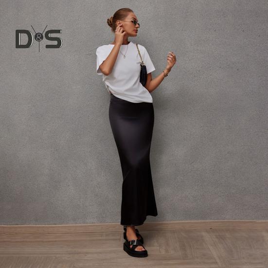 Women Fishtail Skirt with Large Hem High Waist Hip Wrapped Imitation Silk Maxi Skirt Solid Color Slimming Satin Skirt