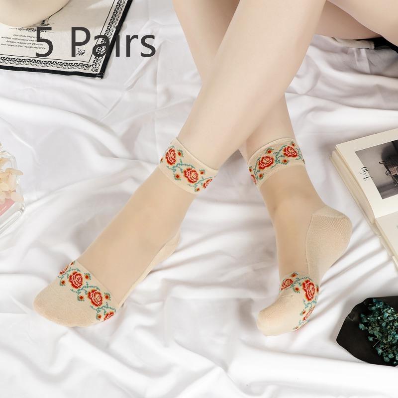 5 Pairs Women's Spring and Summer Thin Retro Anti Skid Crystal Cotton Bottom Medium Tube Ice Stockings