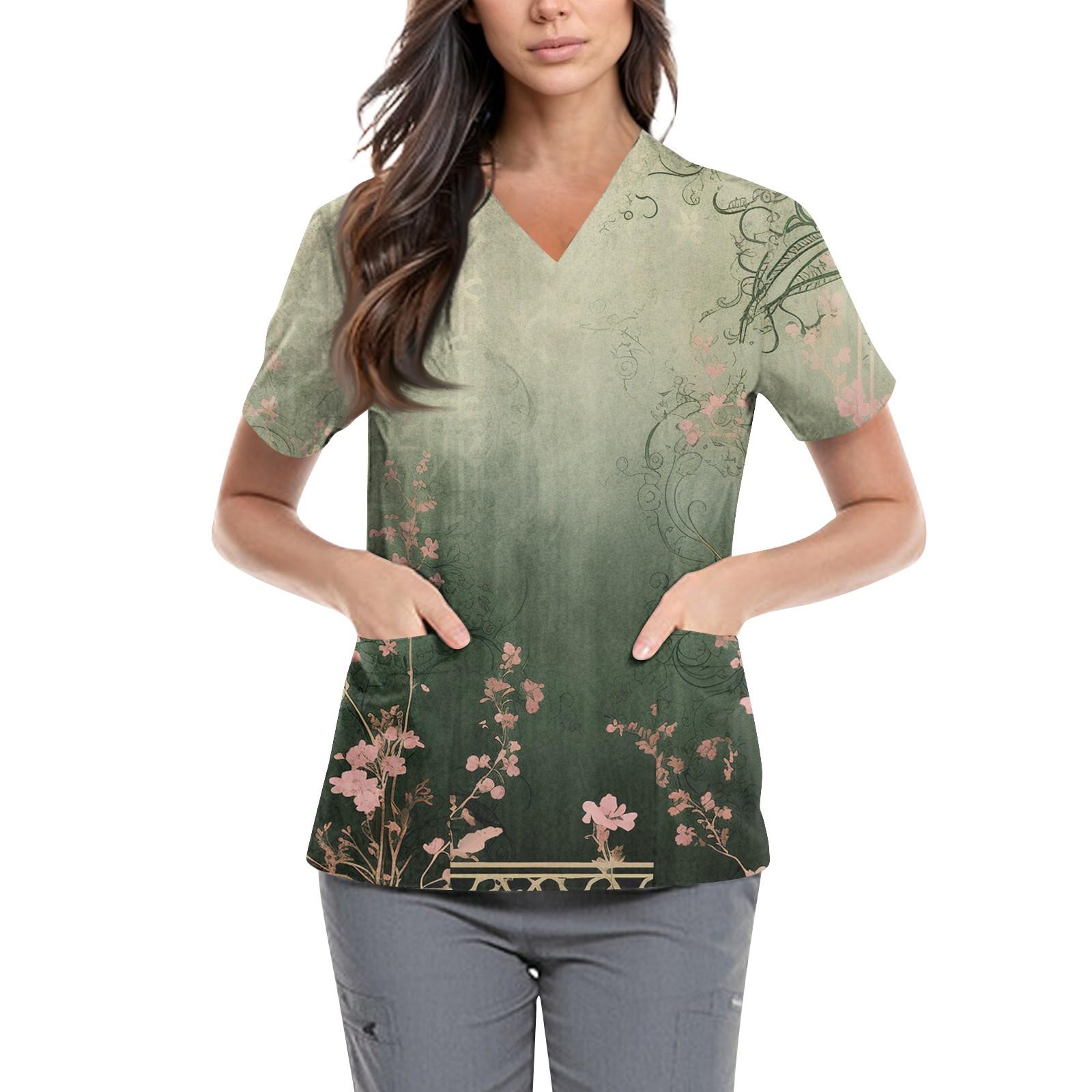 

Женская симпатичная принтованная рабочая одежда с V-образным вырезом, двухслойными карманами, базовым коротким рукавом, пуловером ко Дню святого Валентина L зелёный