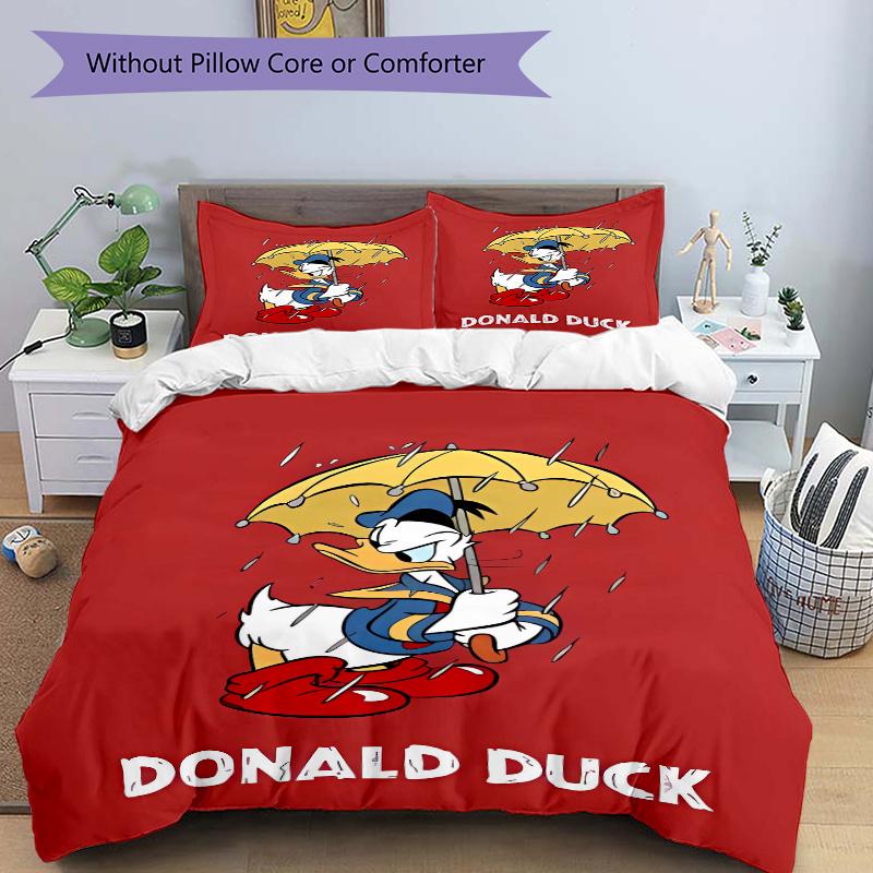 3pcs Red Donald Duck Printed Quilt Set, Includes 1 Quilt Cover and 2 Pillowcases, Machine Washable, Suitable for All Seasons.W090