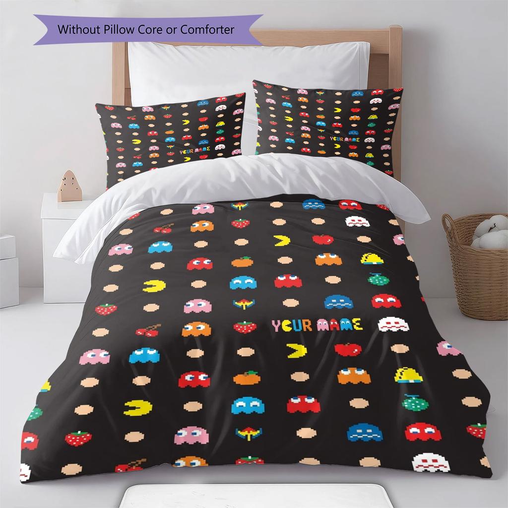 Pac-Man Custom Name Pattern Bedding,Quilt Set Quilt Cover Pillowcase Home Birthday Gift(1 * Duvet Cover + 2 * Pillowcase, Without Core)