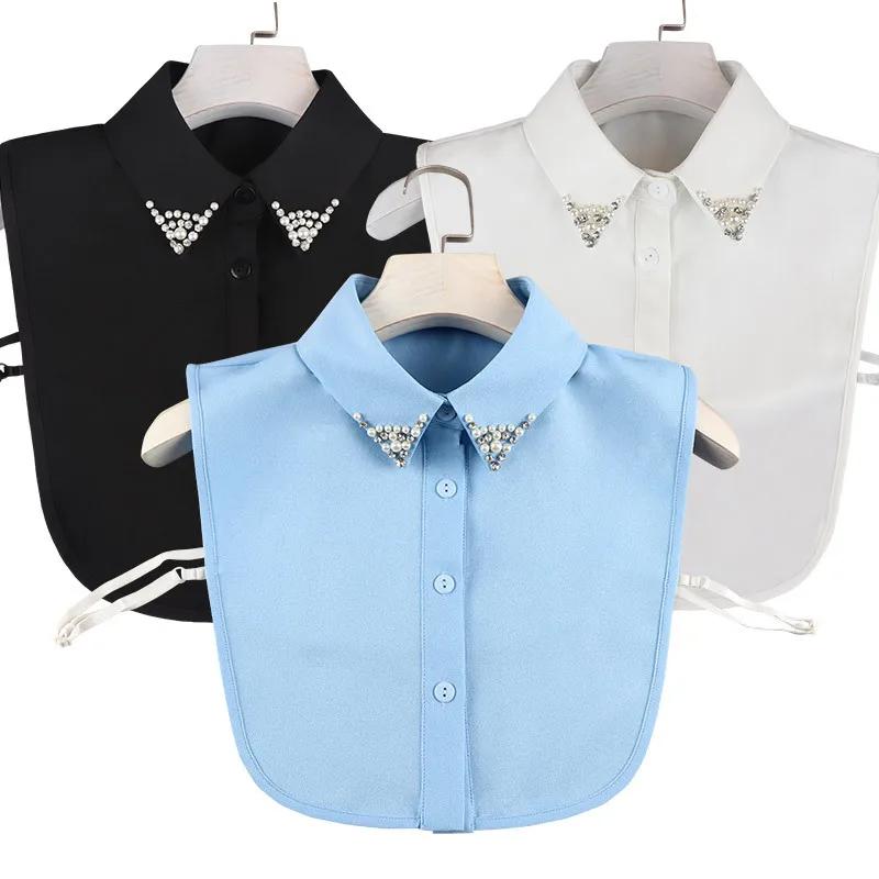 Fashion Ladies Fake Collar for Women Chiffon Fake Collar Rhinestone False Collar Lapel Detachable Button Half-Shirt Blouse Top