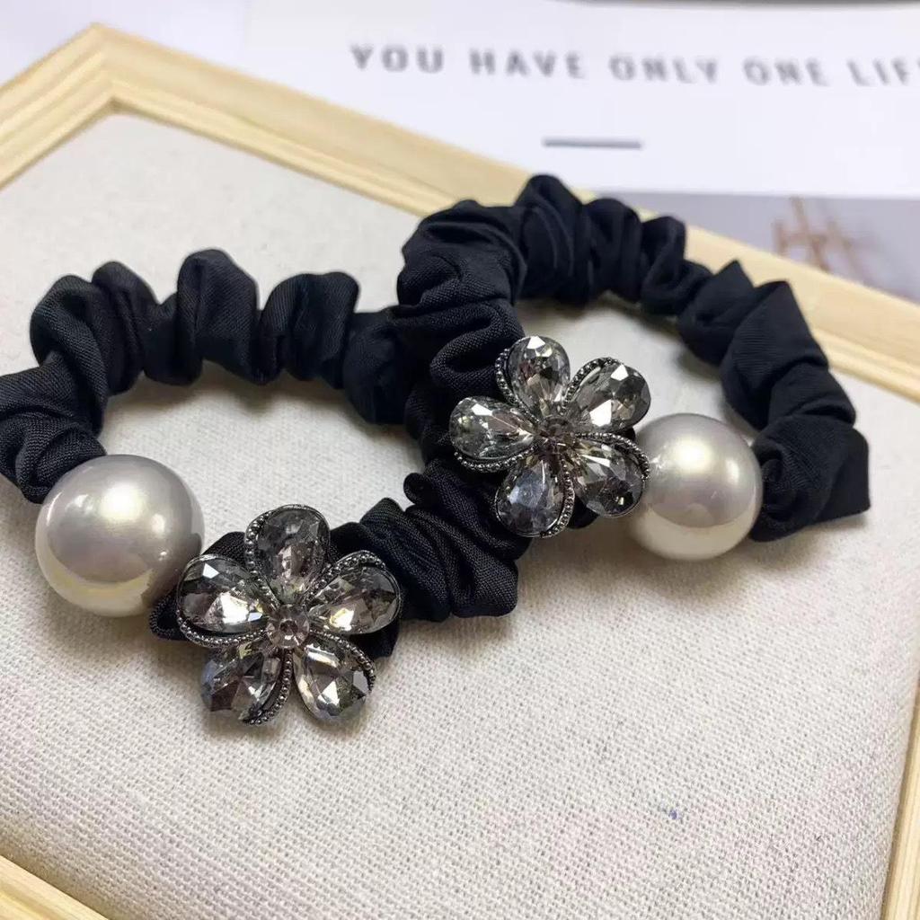 Elegant Rhinestone Pearl Flower Hair Tie - High Elasticity Thick Band for Women