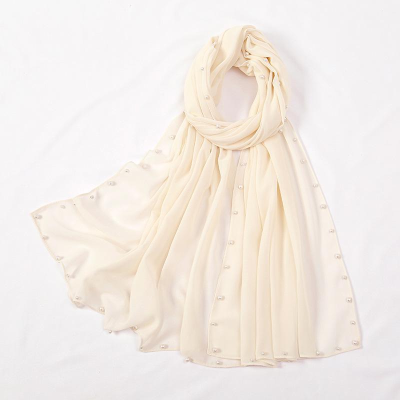 Hot-selling popular chiffon long towel plus small pearl women's gold and silver pearl headscarf
