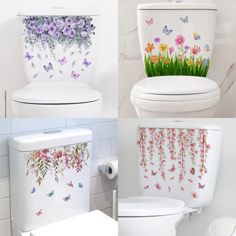 Plants Flowers Butterflies Toilet Sticker Bathroom Toilet Cover Sticker Refrigerator Wall Stickers Wc For Home Decoration