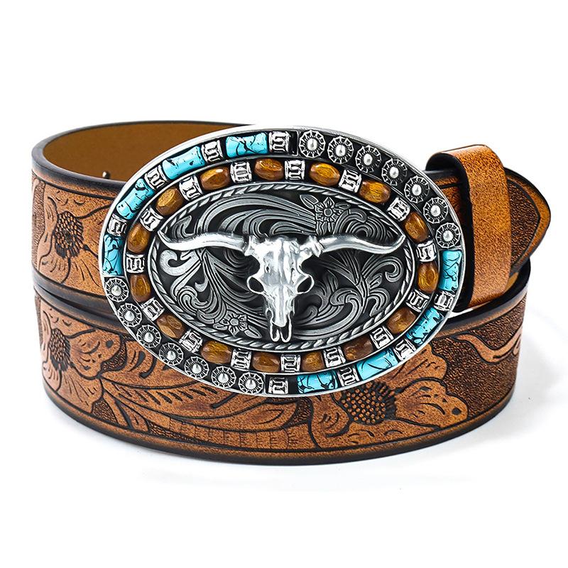 Men's Western Vintage Cowhide Belt with Horn Buckle, Retro Punk Waist Belt for Young People