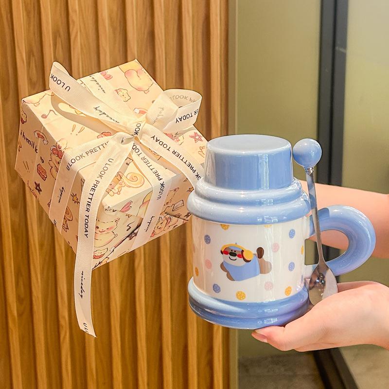 Cute and high-value puppy mug with lid spoon cartoon kitten ceramic cup for girl classmates birthday gift
