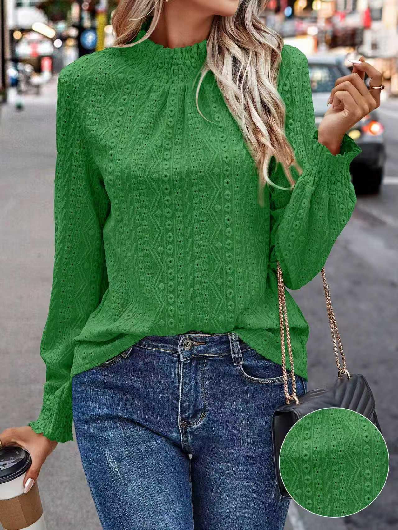 

2026 Women s Solid Color Stand Collar Puff Sleeve Top - European & American Autumn Fashion M зелений