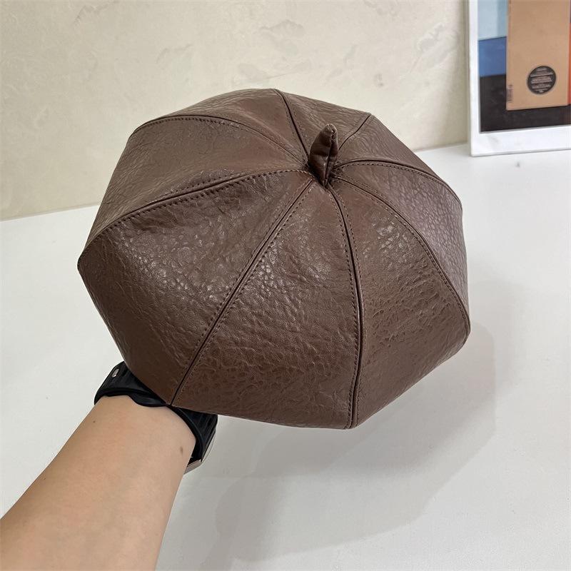 Jesienno-zimowy mały standardowy beret ze skóry liczi damski wszechstronny retro kapelusz dyniowy modny jednolity kolor wysmuklający twarz
