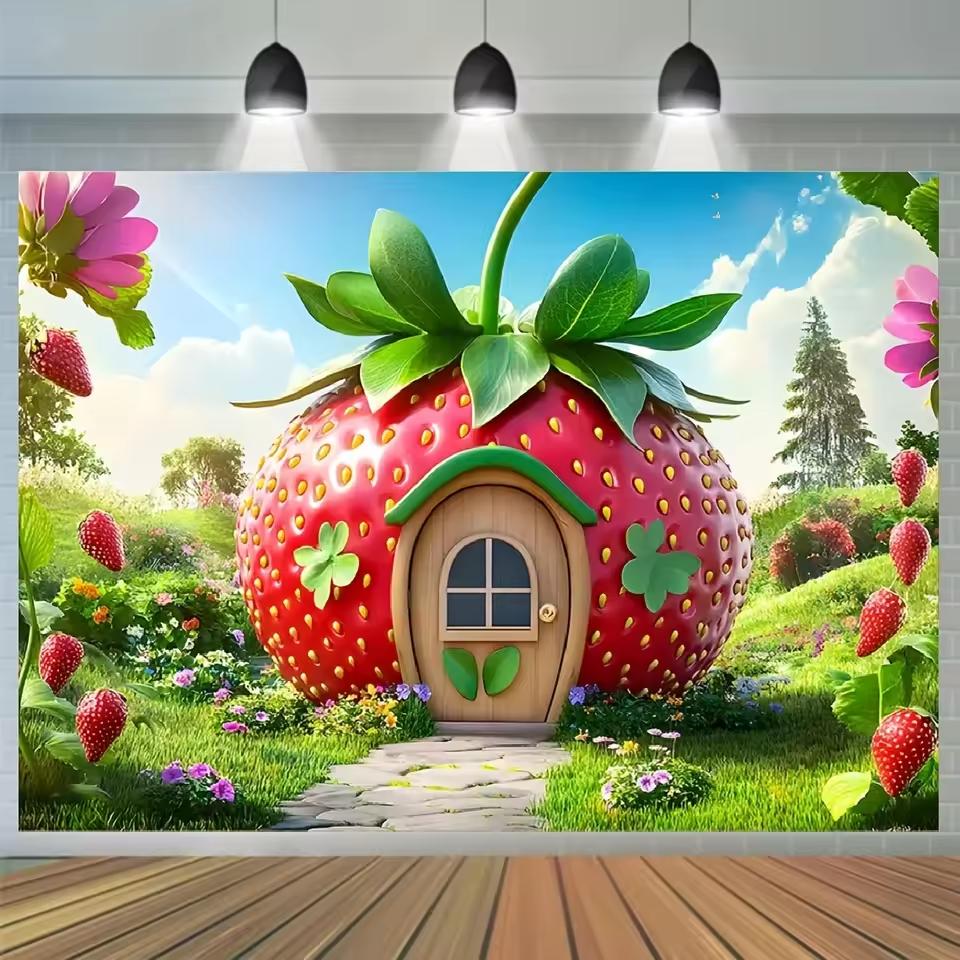 1pc 2D Enchanted Forest Background Lovely Strawberry Cottage background decor suitable for birthday baptism shower wedding party