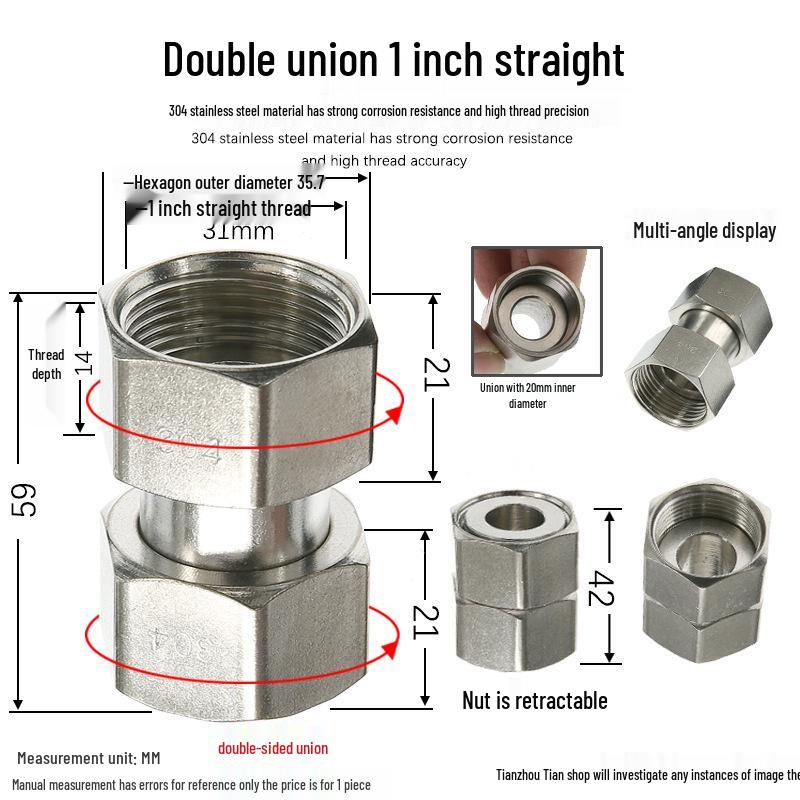 304 Stainless Steel Swivel Union Female Thread Pipe Fitting, Double Female Thread, 6 Points, 4 Points, 1 Inch, for Water Meter/Pump