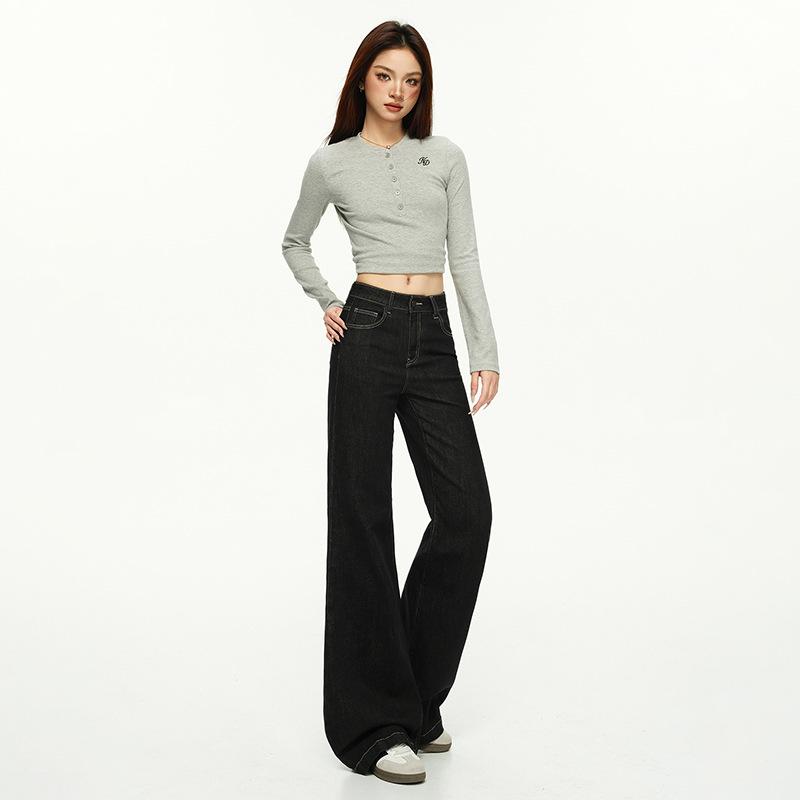 American micro-pull denim women's pants show thin elastic niche design denim trousers extended black and gold trousers Yichun