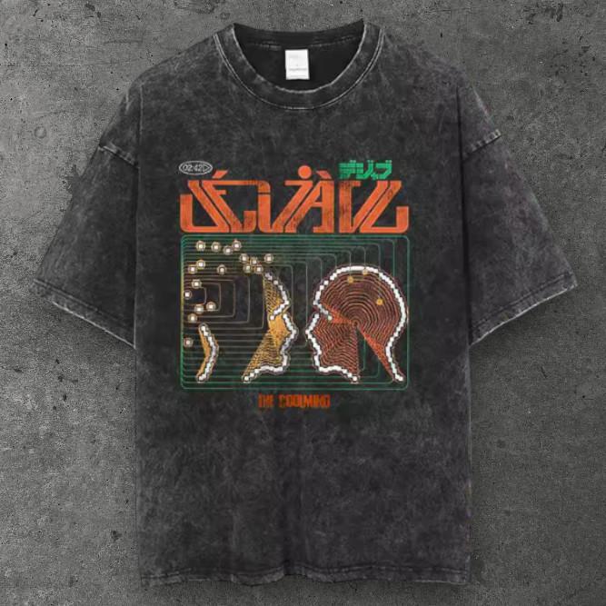 Mens Retro Graphic Oversized T Shirt Acid Washed Black Y2K Streetwear S-4XL S разноцветный