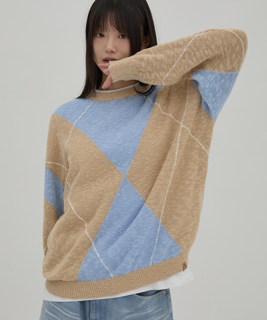 WAIKEI Big Argyle Boucle Knit Sky Blue